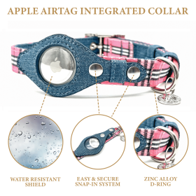 Apple Airtag Integrated Collar (Color: Pink Plaid, Size: Small)