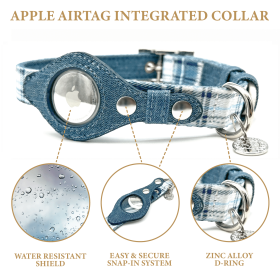 Apple Airtag Integrated Collar (Color: Blue Plaid, Size: Large)